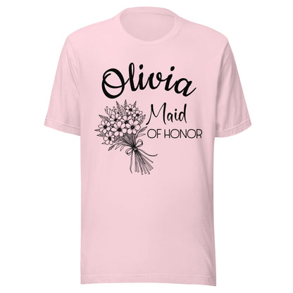 Personalized Maid of Honor t-shirt with name and large bouquet.