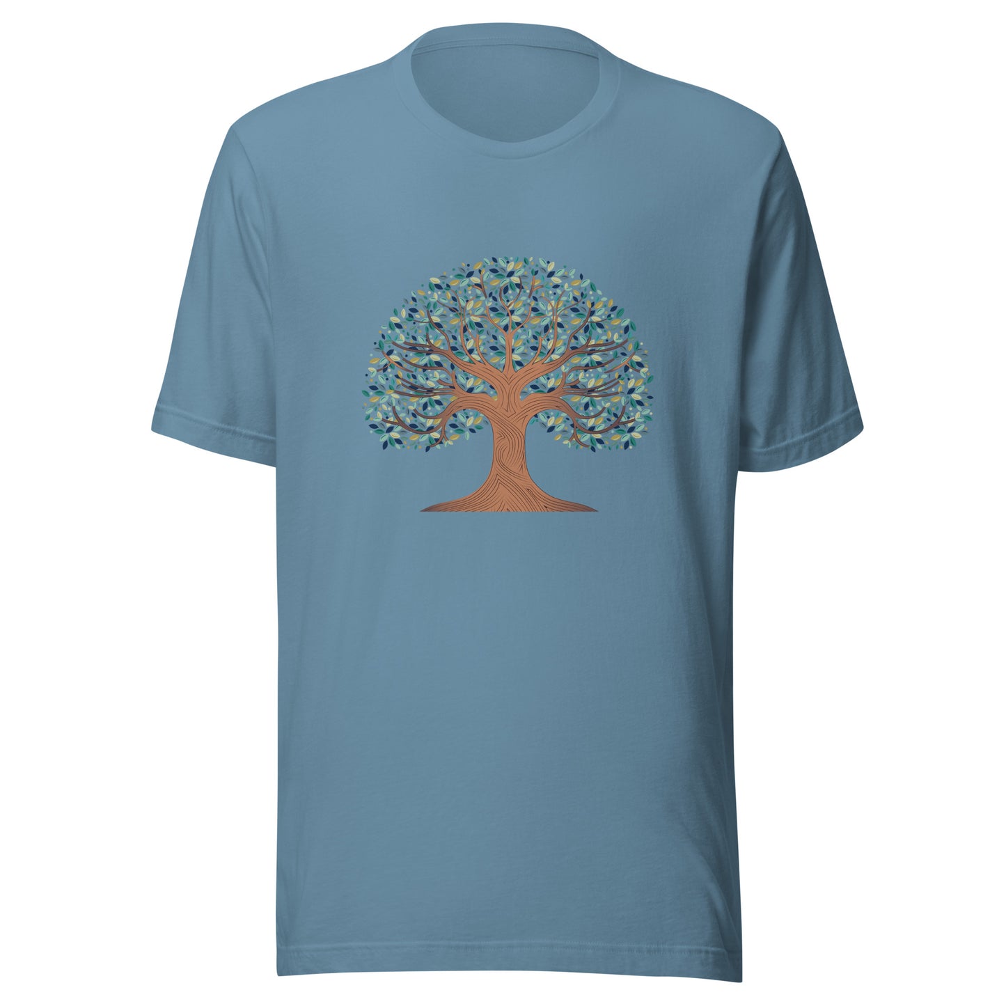 Blue steel unisex t-shirt with a tree of life with colorful leaves. 