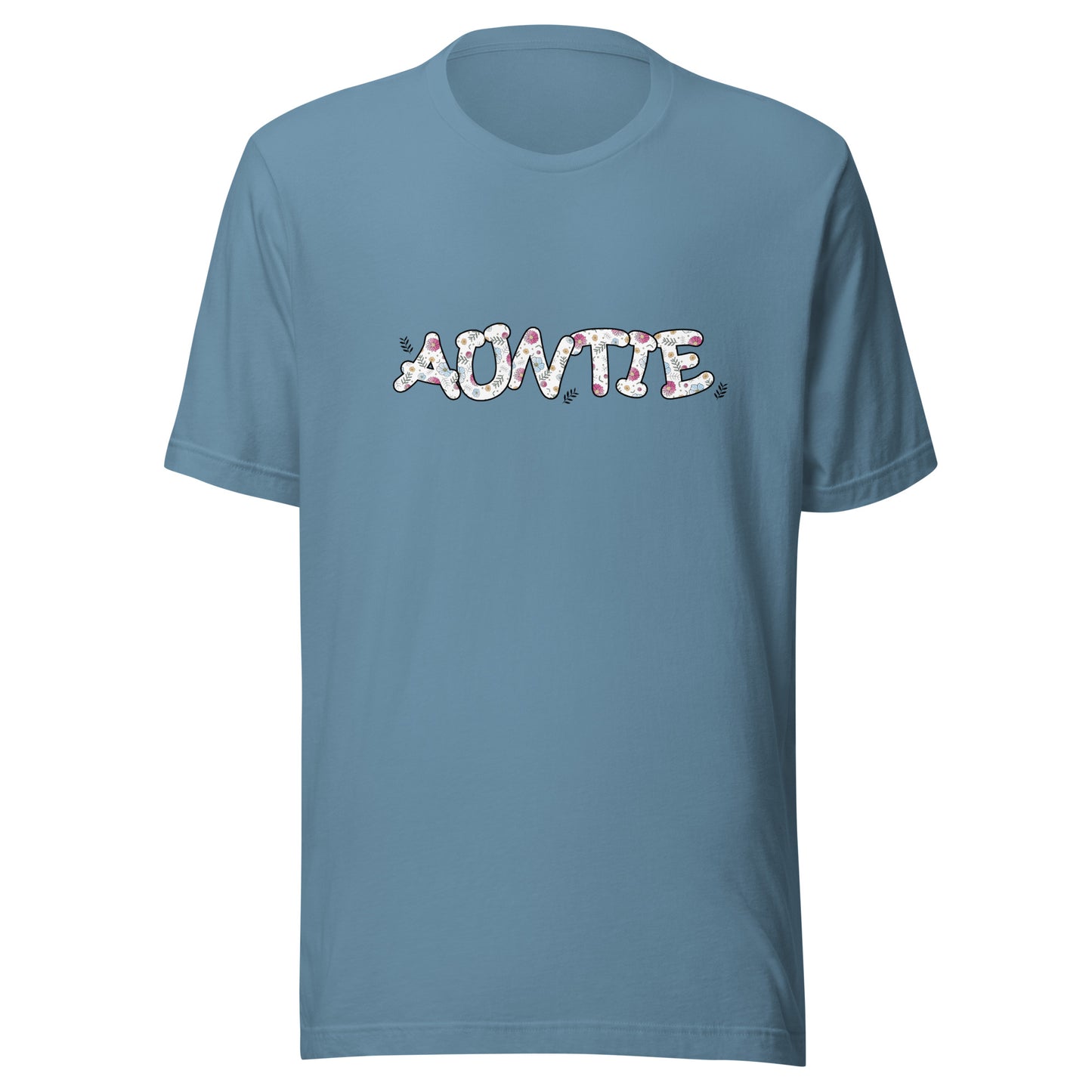 Steel blue short sleeve unisex t-shirt that says Auntie on the front written in cute font with flowers inside each letter. 