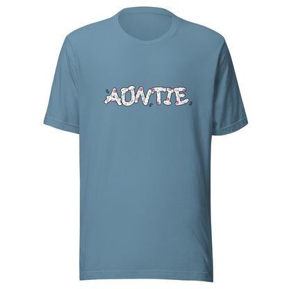 Steel blue short sleeve unisex t-shirt that says Auntie on the front written in cute font with flowers inside each letter. 