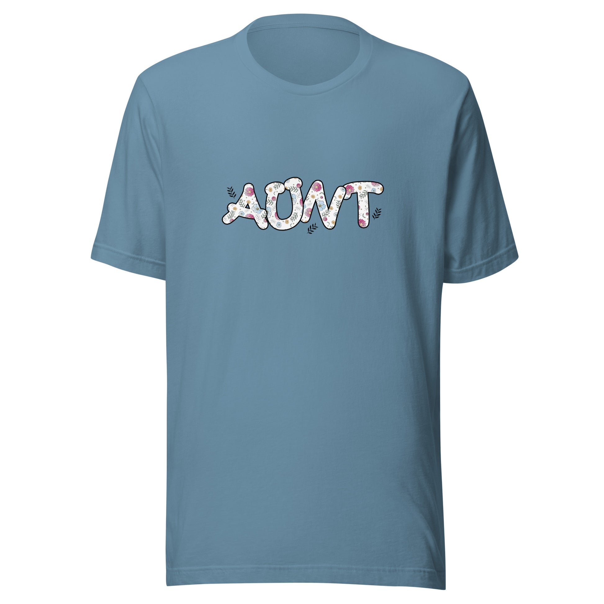 Steel blue short sleeve unisex t-shirt that says Aunt on the front written in cute font with flowers inside each letter. 