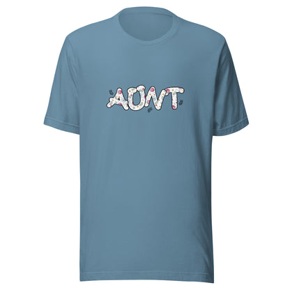 Steel blue short sleeve unisex t-shirt that says Aunt on the front written in cute font with flowers inside each letter. 