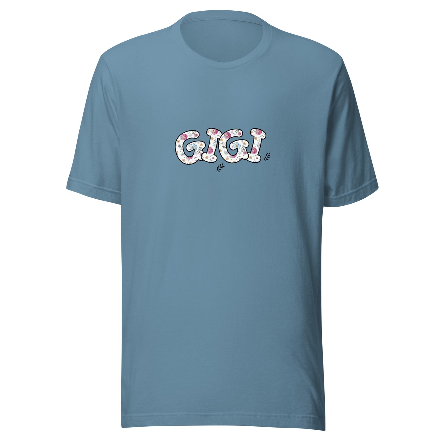 Steel blue short sleeve unisex t-shirt that says Gigi on the front written in cute font with flowers inside each letter. 