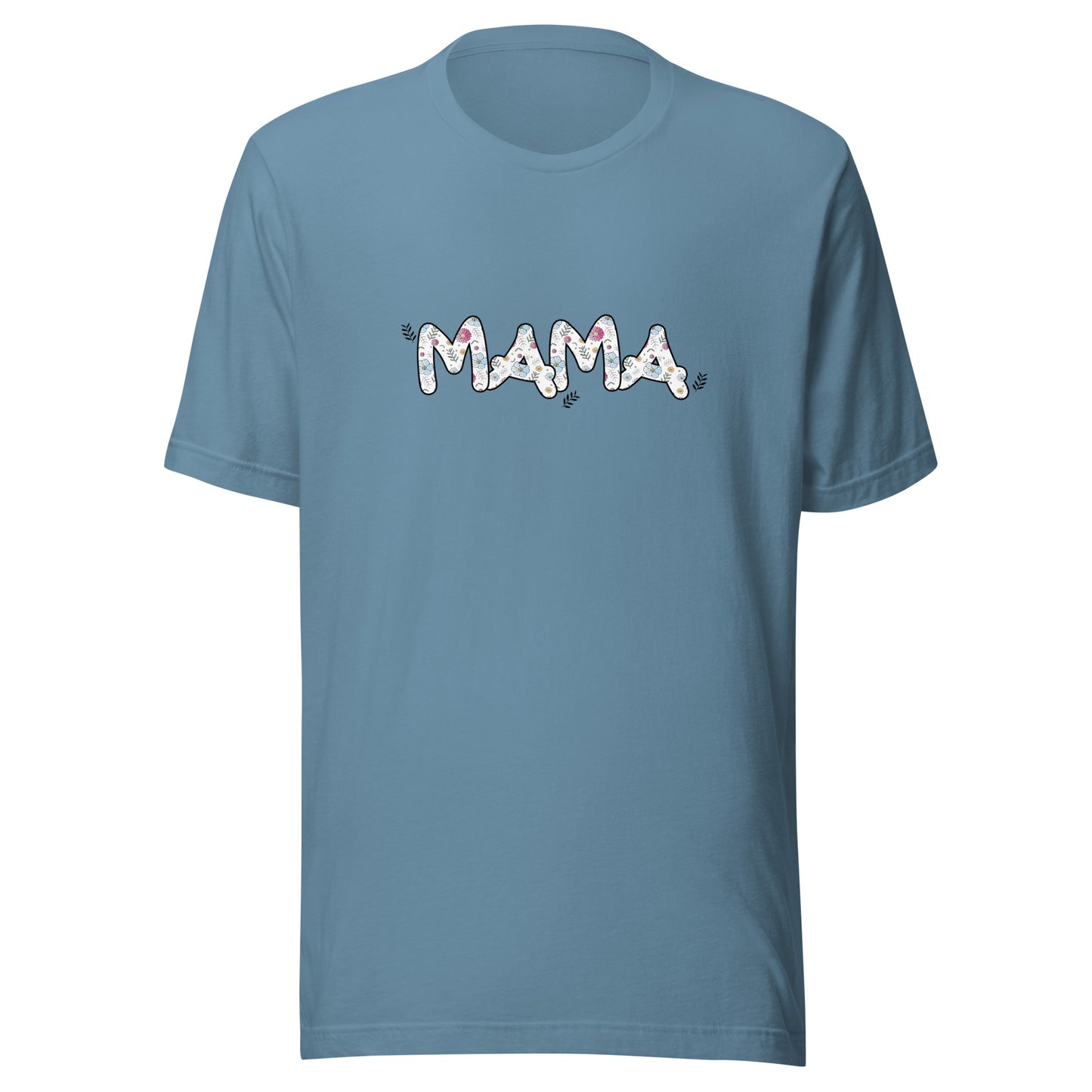 Steel blue short sleeve unisex t-shirt that says Mama on the front written in cute font with flowers inside each letter. 