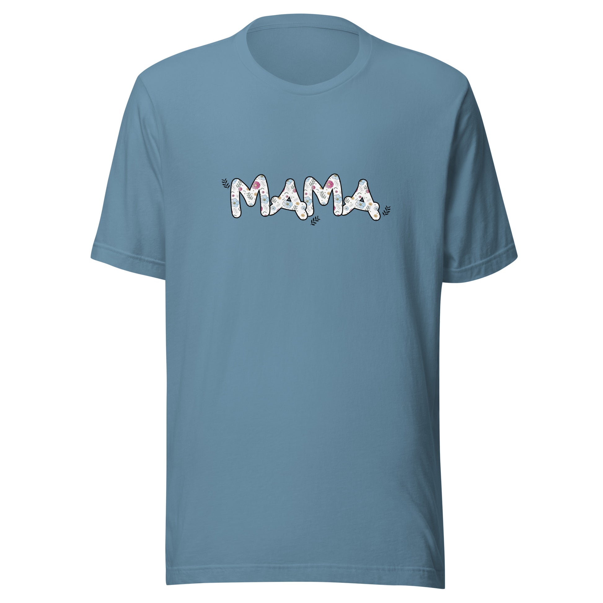 Steel blue short sleeve unisex t-shirt that says Mama on the front written in cute font with flowers inside each letter. 