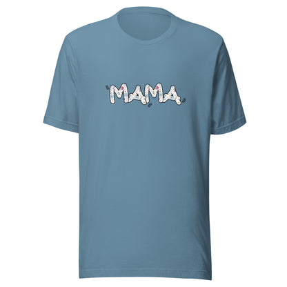 Steel blue short sleeve unisex t-shirt that says Mama on the front written in cute font with flowers inside each letter. 