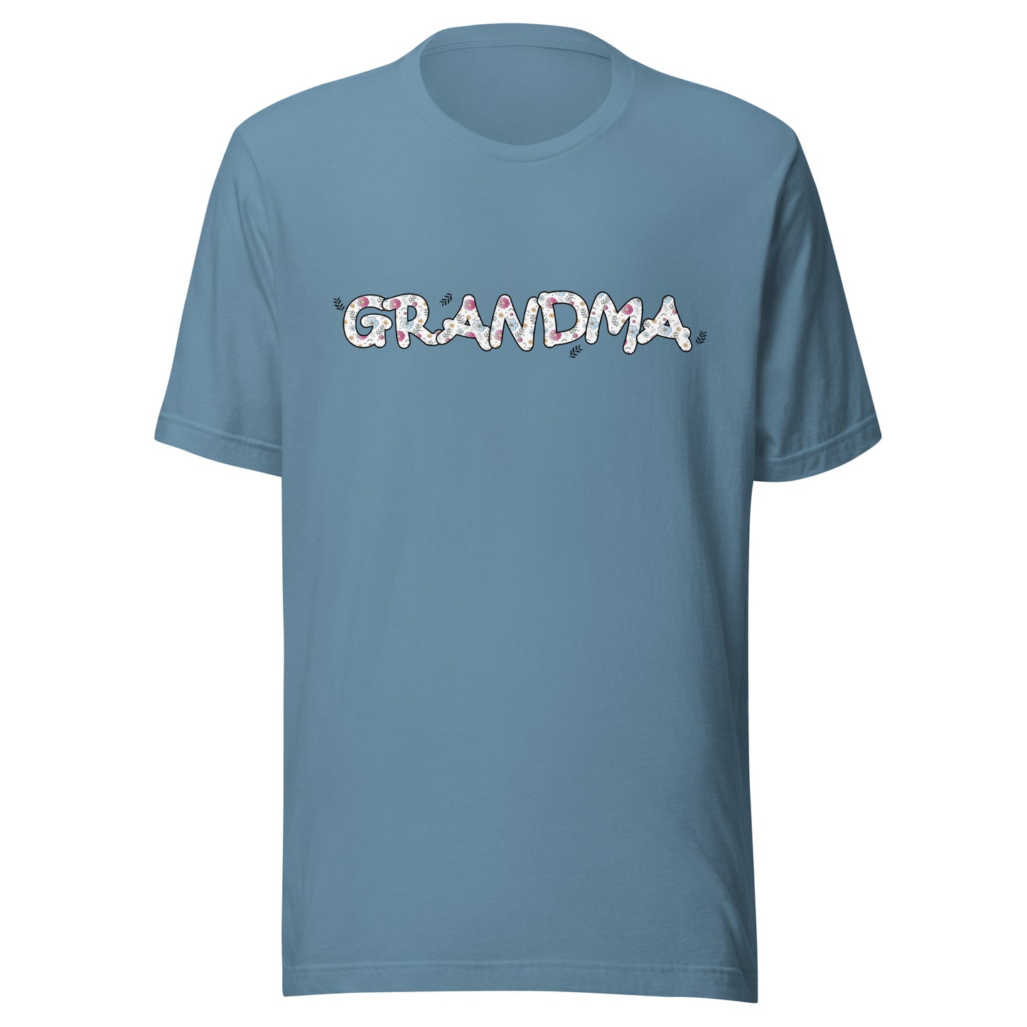 Steel blue short sleeve unisex t-shirt that says Grandma on the front written in cute font with flowers inside each letter. 