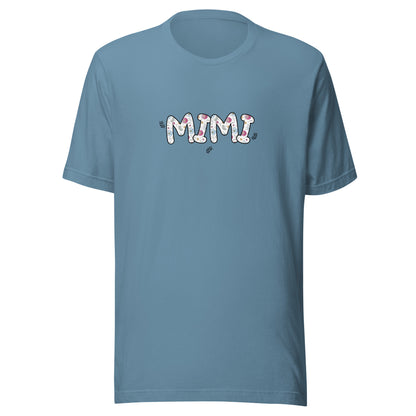 Steel Blue short sleeve unisex t-shirt that says Mimi on the front written in cute font with flowers inside each letter. 