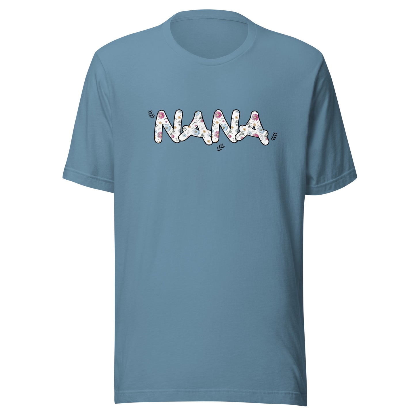 Steel blue short sleeve unisex t-shirt that says Nana on the front written in cute font with flowers inside of letters. 