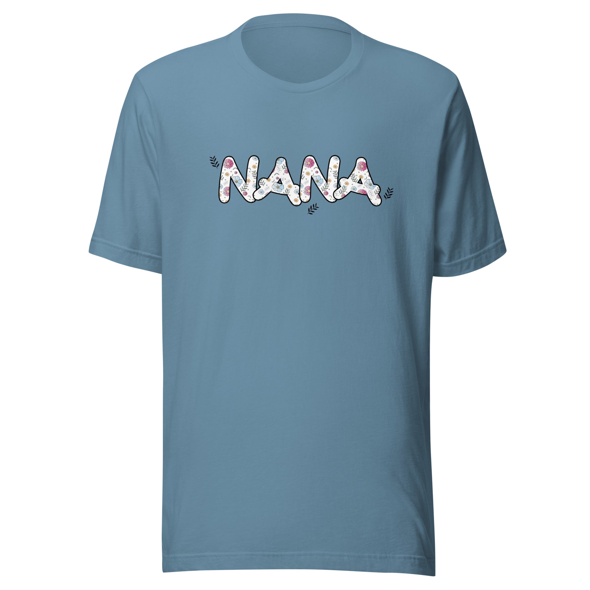 Steel blue short sleeve unisex t-shirt that says Nana on the front written in cute font with flowers inside of letters. 