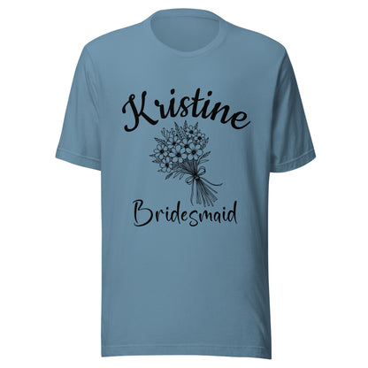 Personalized Bridesmaid t-shirt with name and large bouquet.