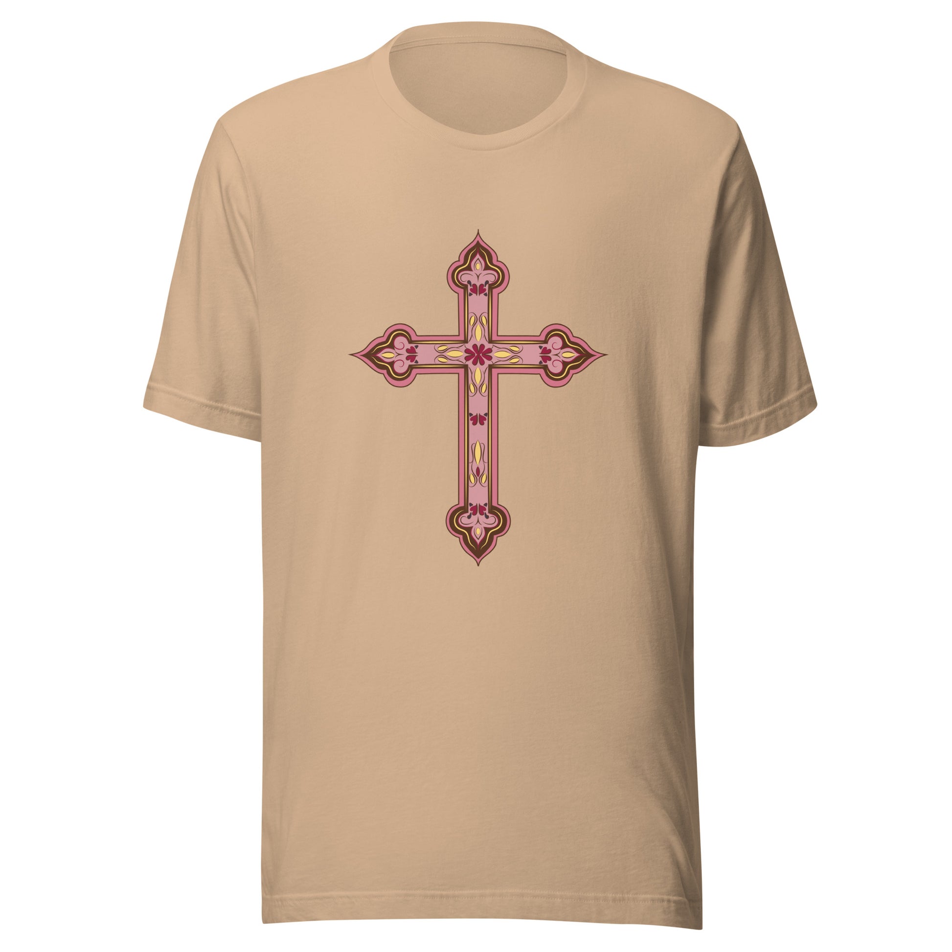 Tan short sleeve unisex tee ornately decorated colored Christian Cross. 