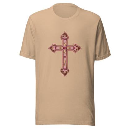 Tan short sleeve unisex tee ornately decorated colored Christian Cross. 