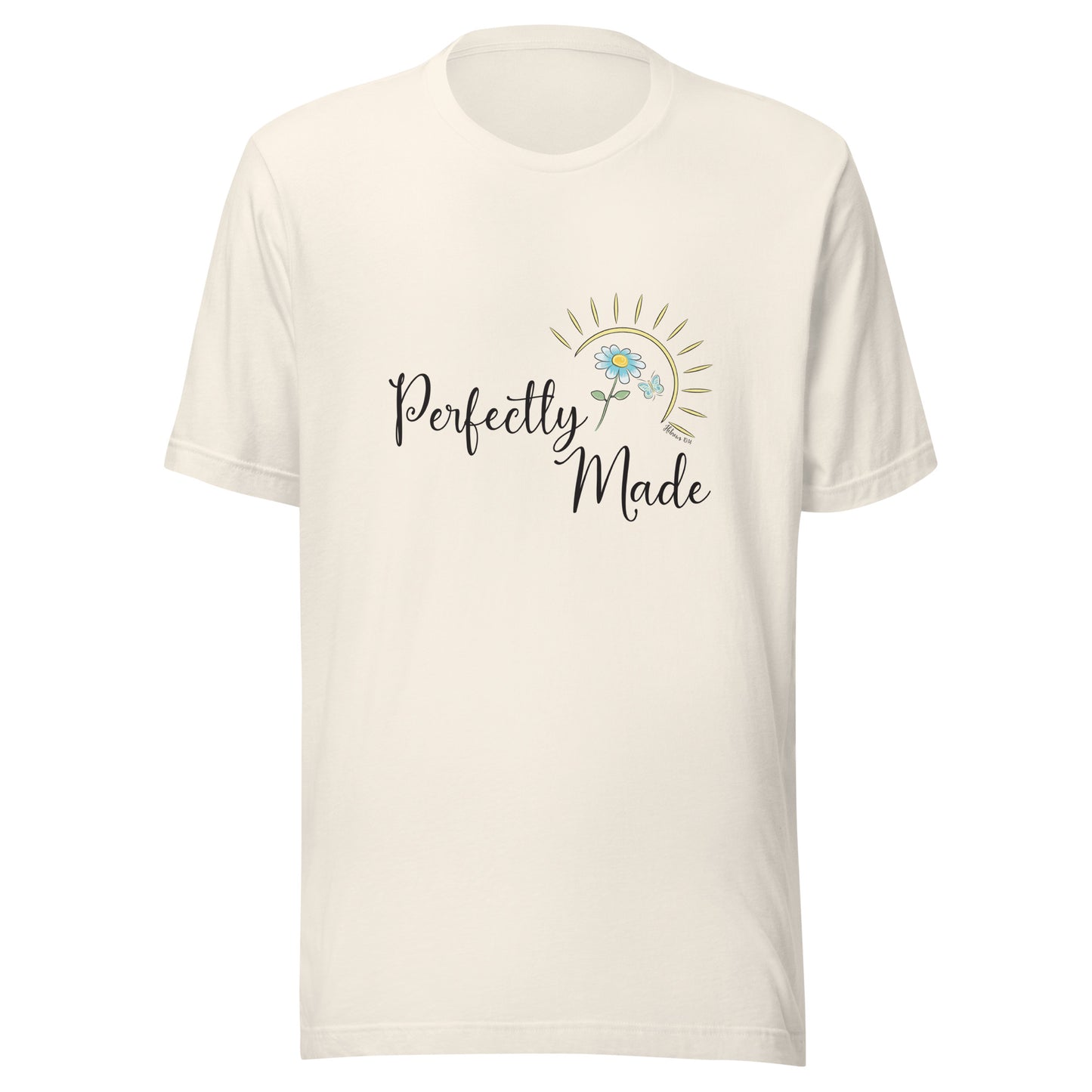 vintage white  unisex short sleeve t-shirt that says Perfectly Made with a flower butterfly and sun.