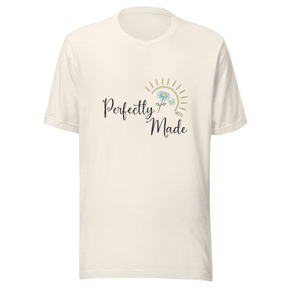 vintage white  unisex short sleeve t-shirt that says Perfectly Made with a flower butterfly and sun.