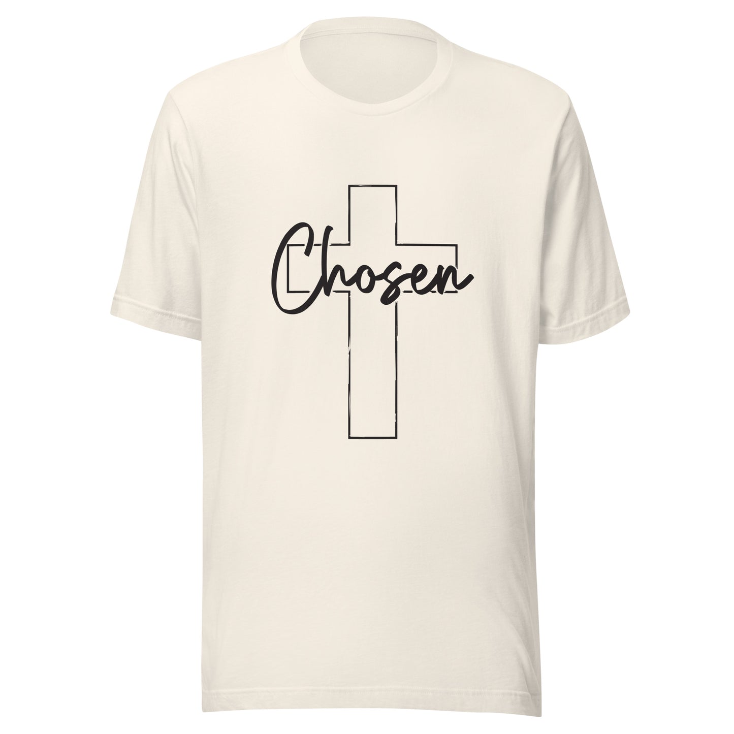Vintage white unisex short sleeve t-shirt that has a Christian cross and has the word chosen acrossed it. 