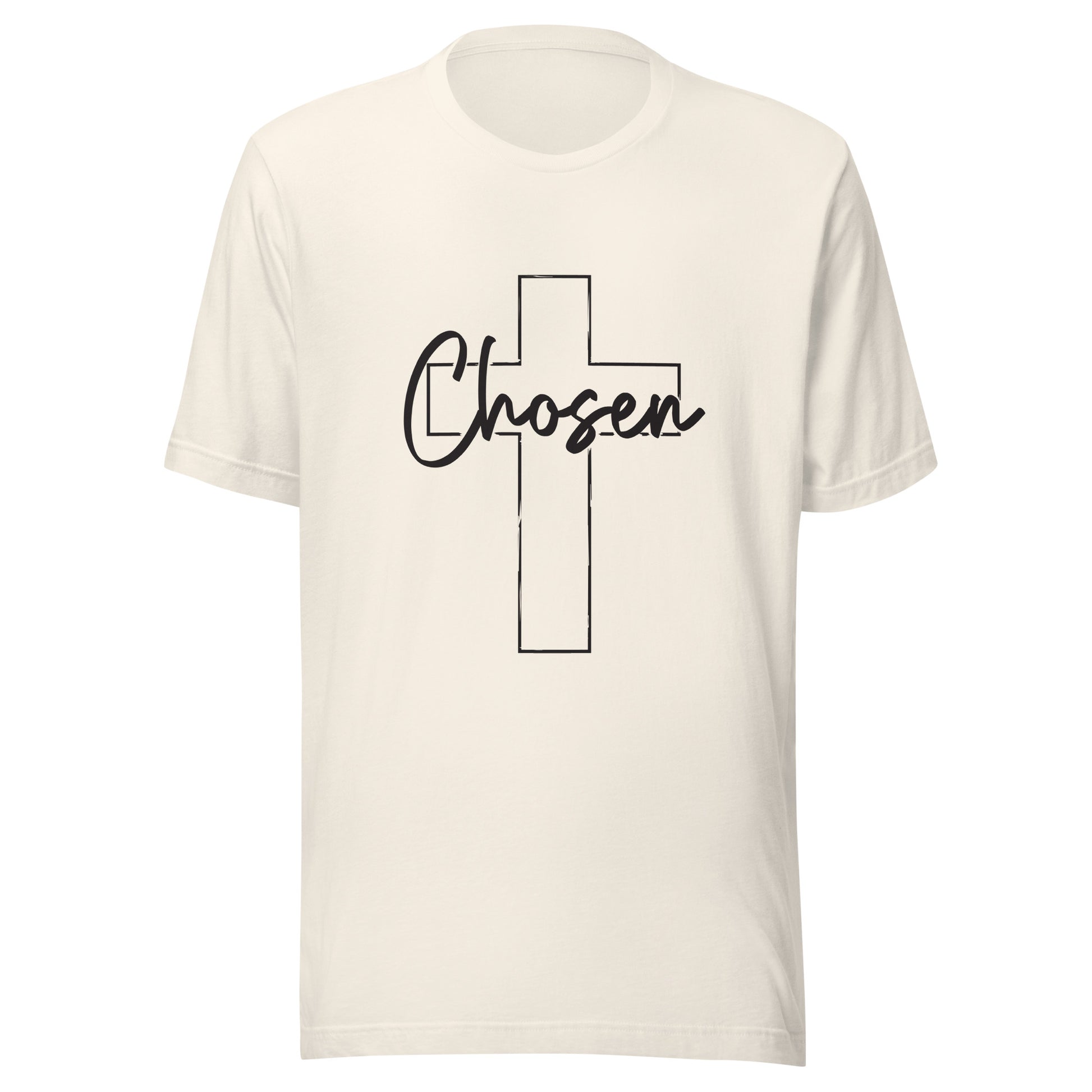 Vintage white unisex short sleeve t-shirt that has a Christian cross and has the word chosen acrossed it. 