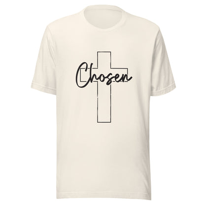 Vintage white unisex short sleeve t-shirt that has a Christian cross and has the word chosen acrossed it. 