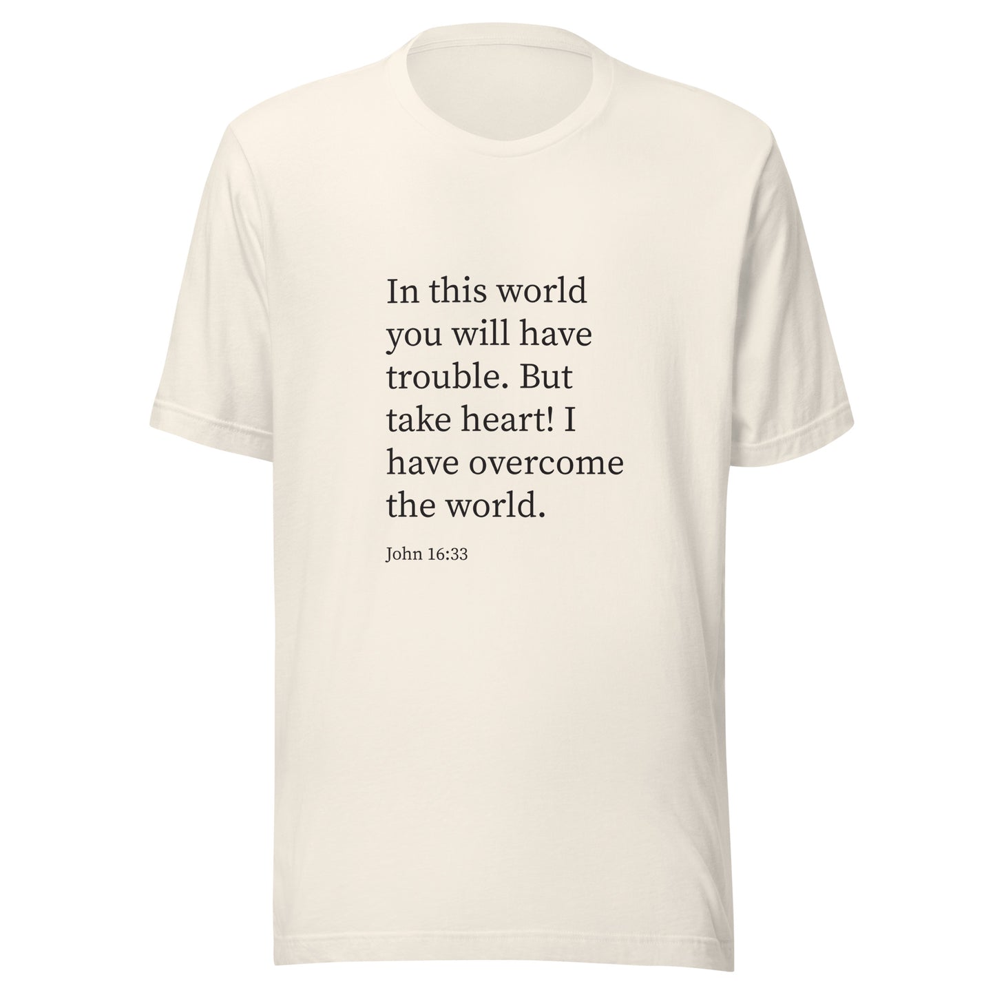 Vintage white unisex short sleeve t-shirt with John 16:33 scripture. 