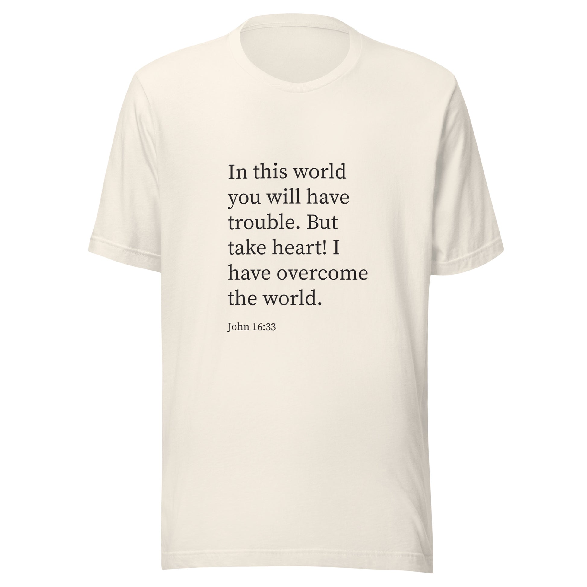 Vintage white unisex short sleeve t-shirt with John 16:33 scripture. 