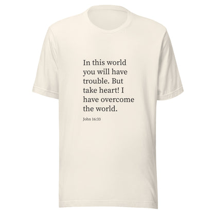 Vintage white unisex short sleeve t-shirt with John 16:33 scripture. 