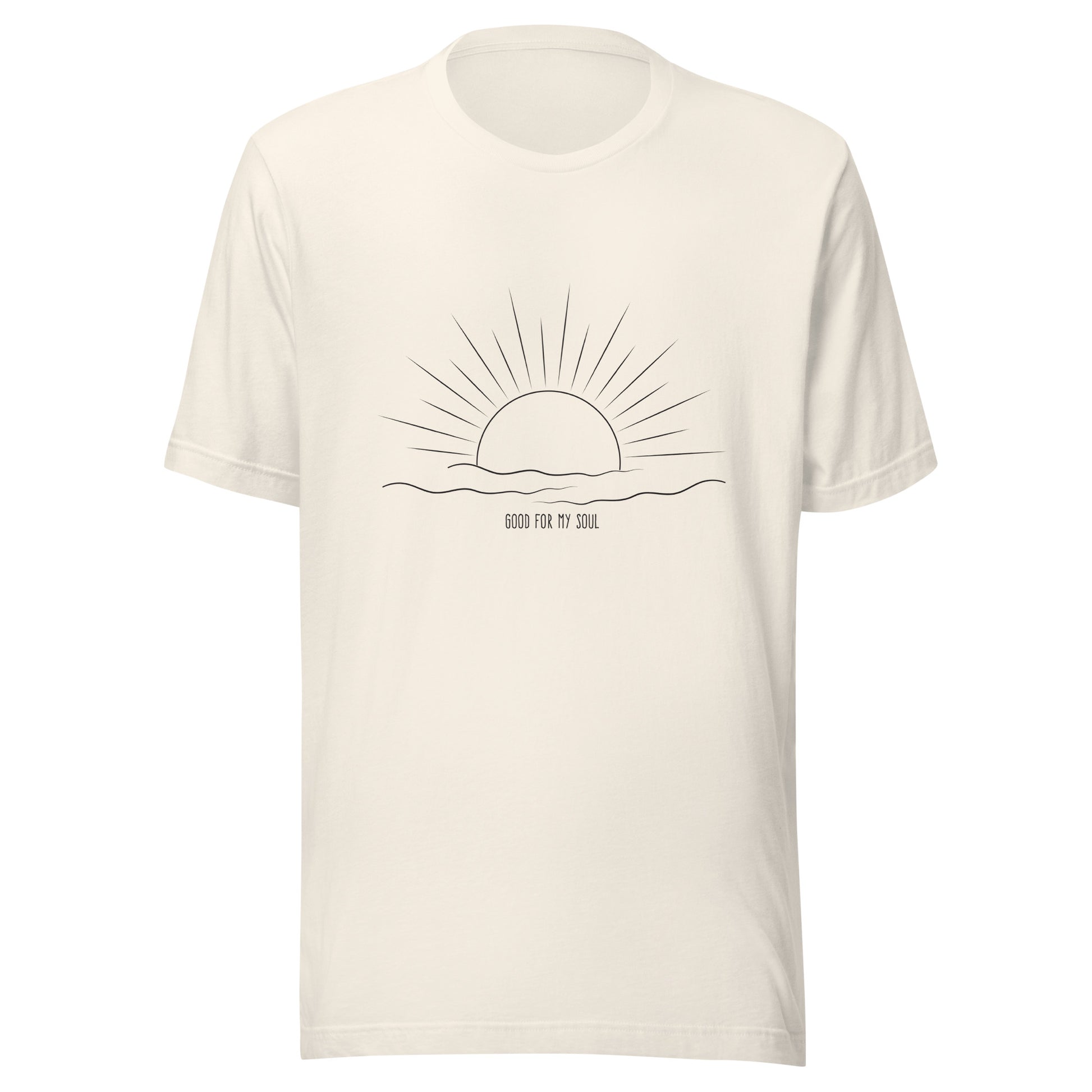 Vintage white unisex short sleeve t-shirt that states 'Good for my soul' with a sunsetting above the words all in black color.