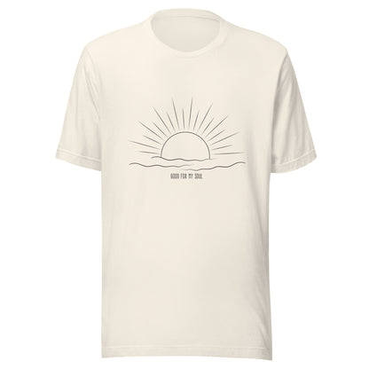 Vintage white unisex short sleeve t-shirt that states 'Good for my soul' with a sunsetting above the words all in black color.