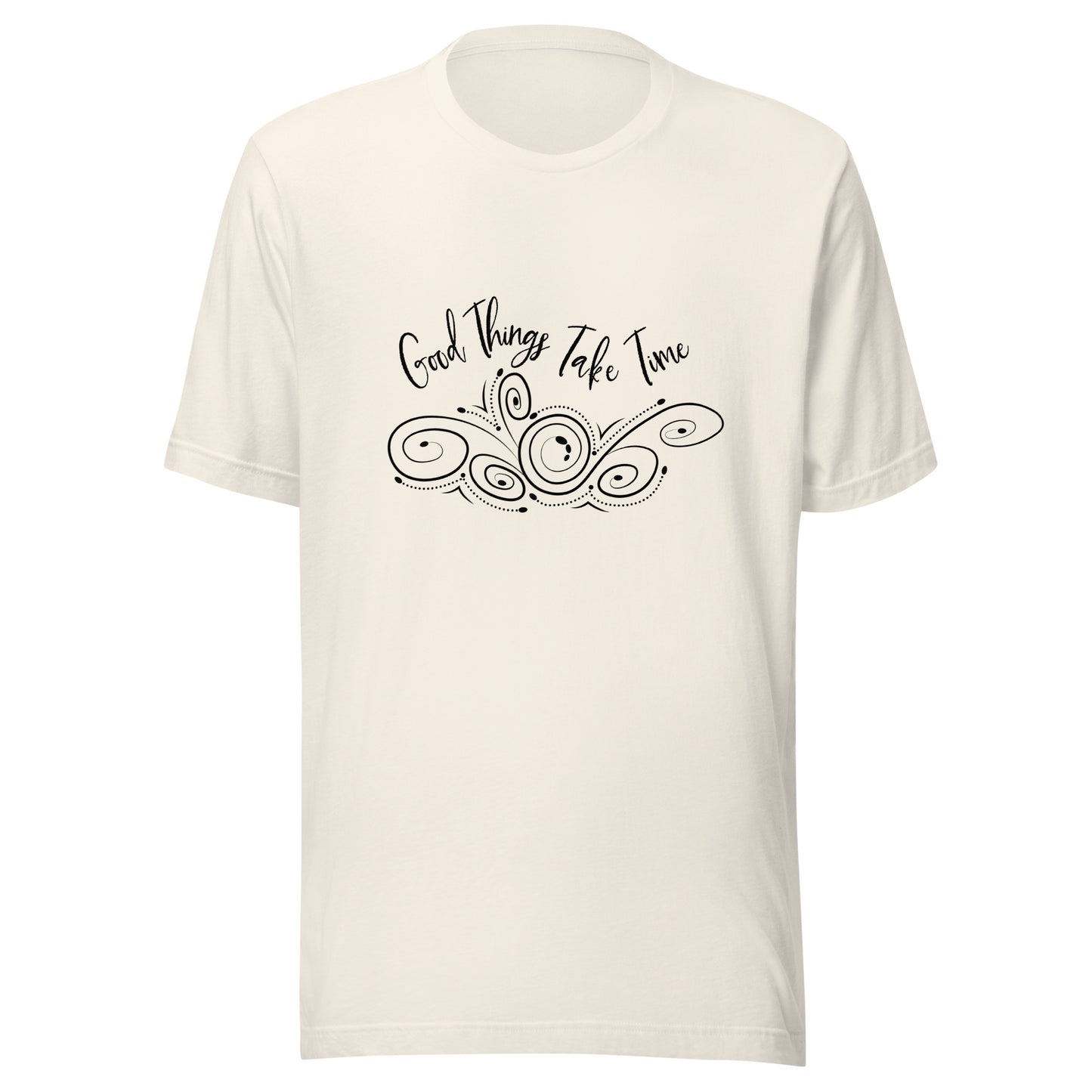 Vintage white unisex short sleeve t-shirt that states 'Good things take time' above a swirly design.