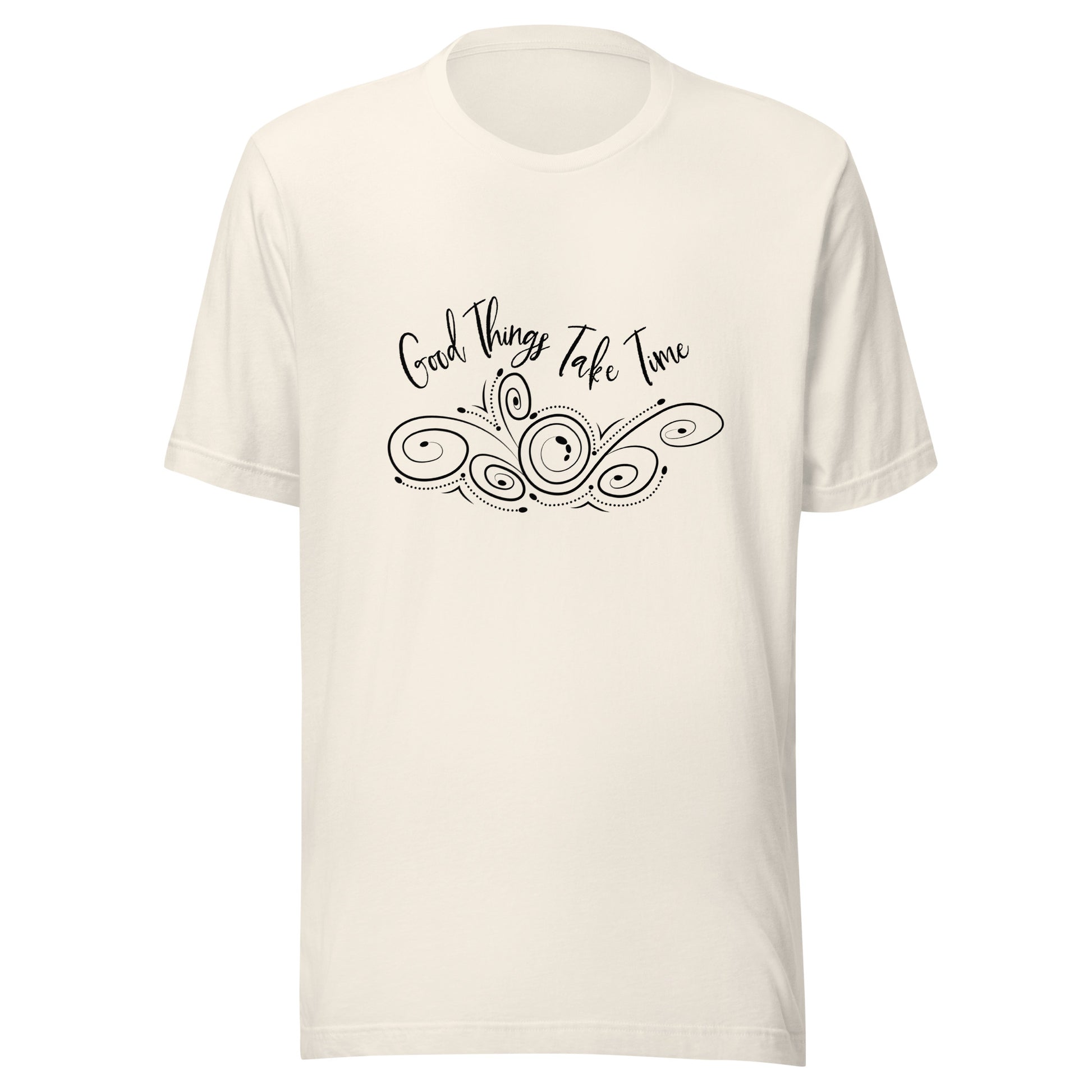 Vintage white unisex short sleeve t-shirt that states 'Good things take time' above a swirly design.