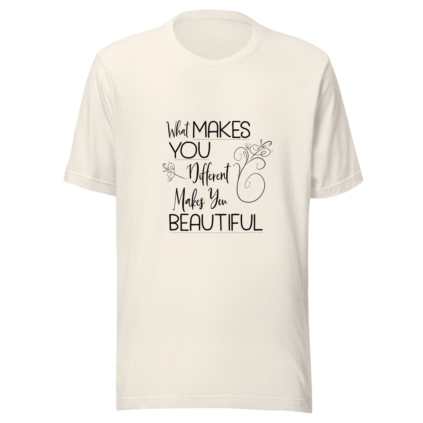 Wintage white unisex short sleeve t-shirt that states 'What makes you different makes you beautiful'.