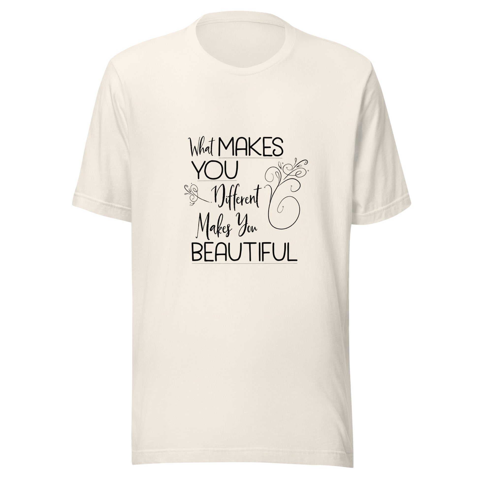 Wintage white unisex short sleeve t-shirt that states 'What makes you different makes you beautiful'.