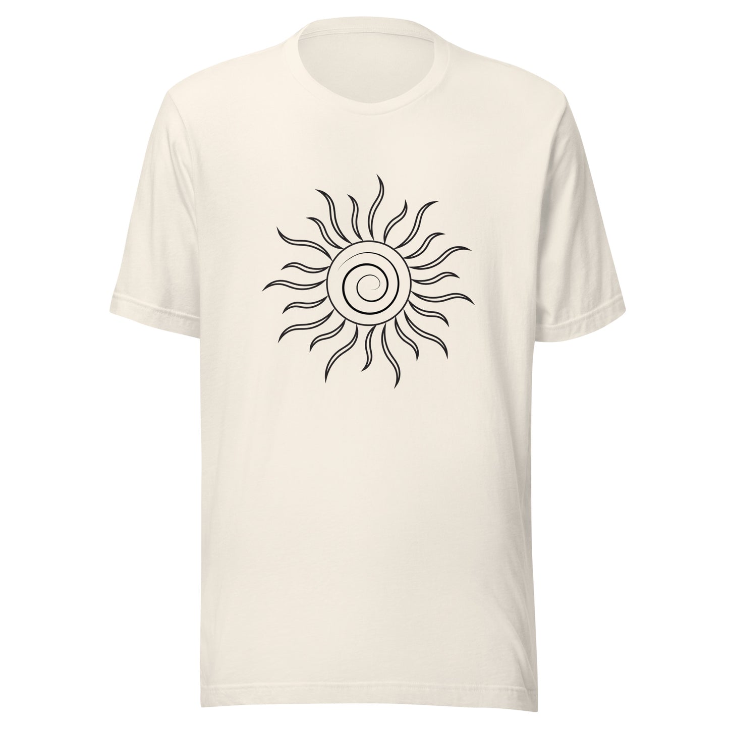 Vintage white unisex short sleeve t-shirt with spiral sun and black fiery looking rays all black ink.