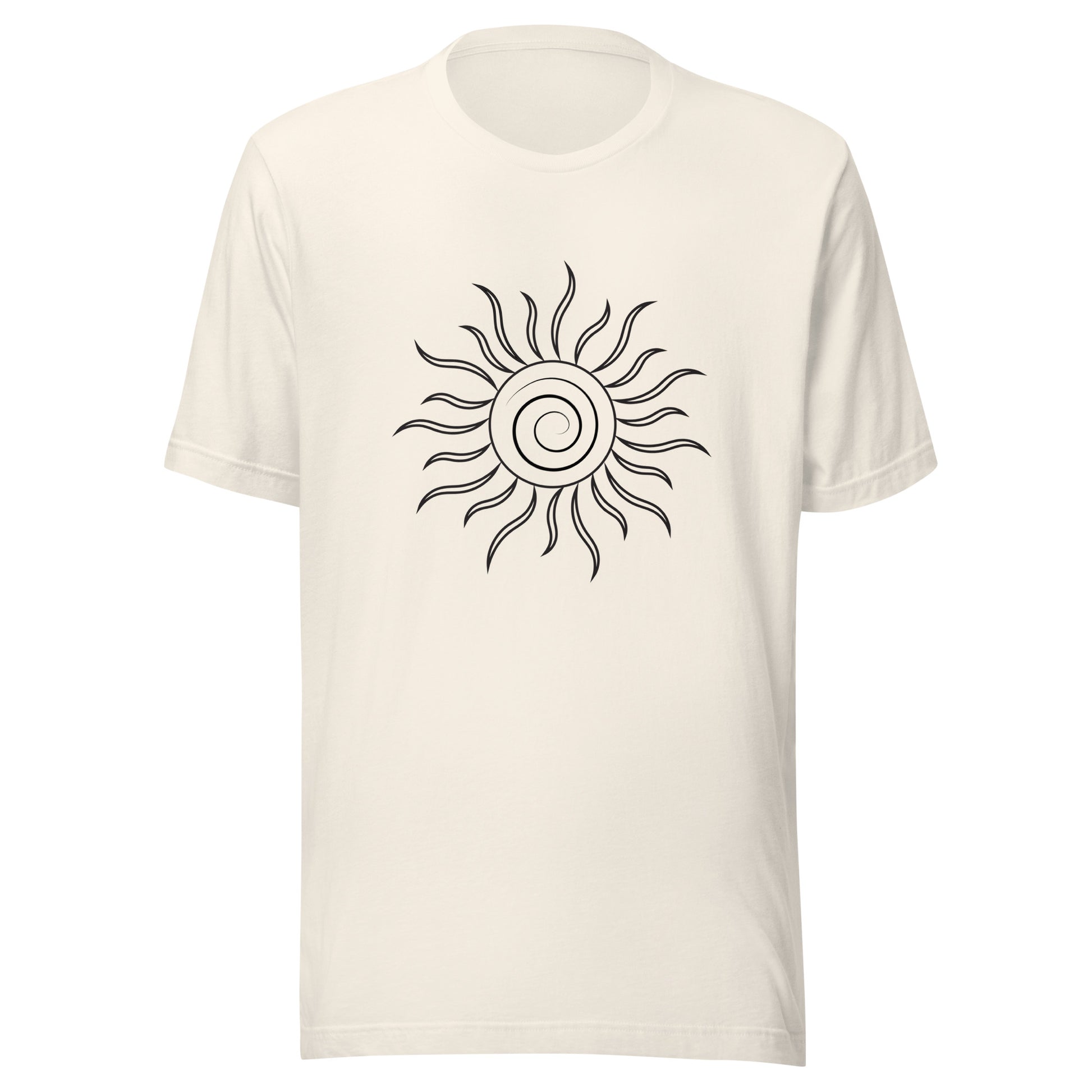 Vintage white unisex short sleeve t-shirt with spiral sun and black fiery looking rays all black ink.