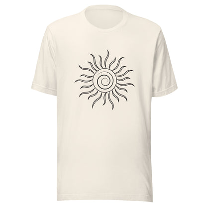 Vintage white unisex short sleeve t-shirt with spiral sun and black fiery looking rays all black ink.