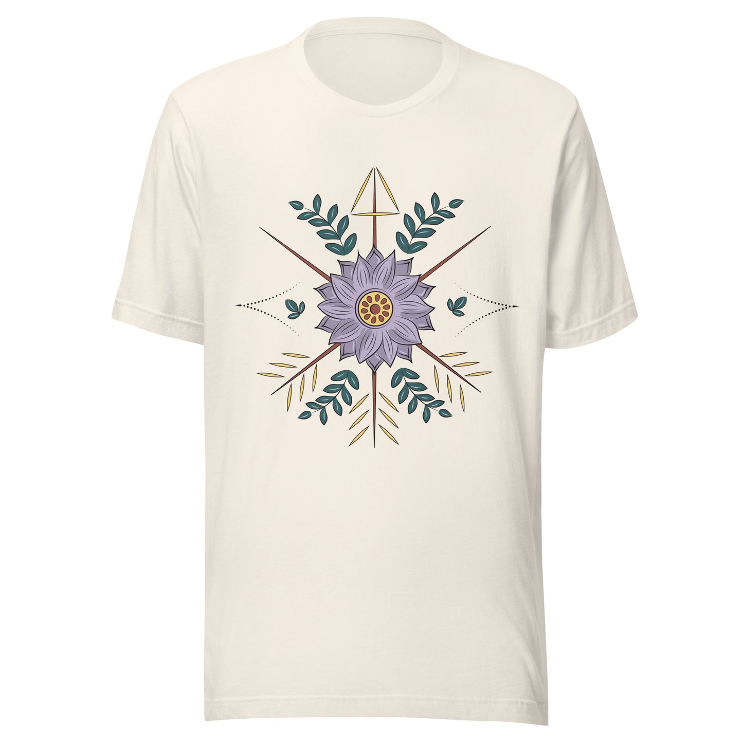 Vintag white unisex short sleeve t-shirt with a purple flower with arrow surrounding it.