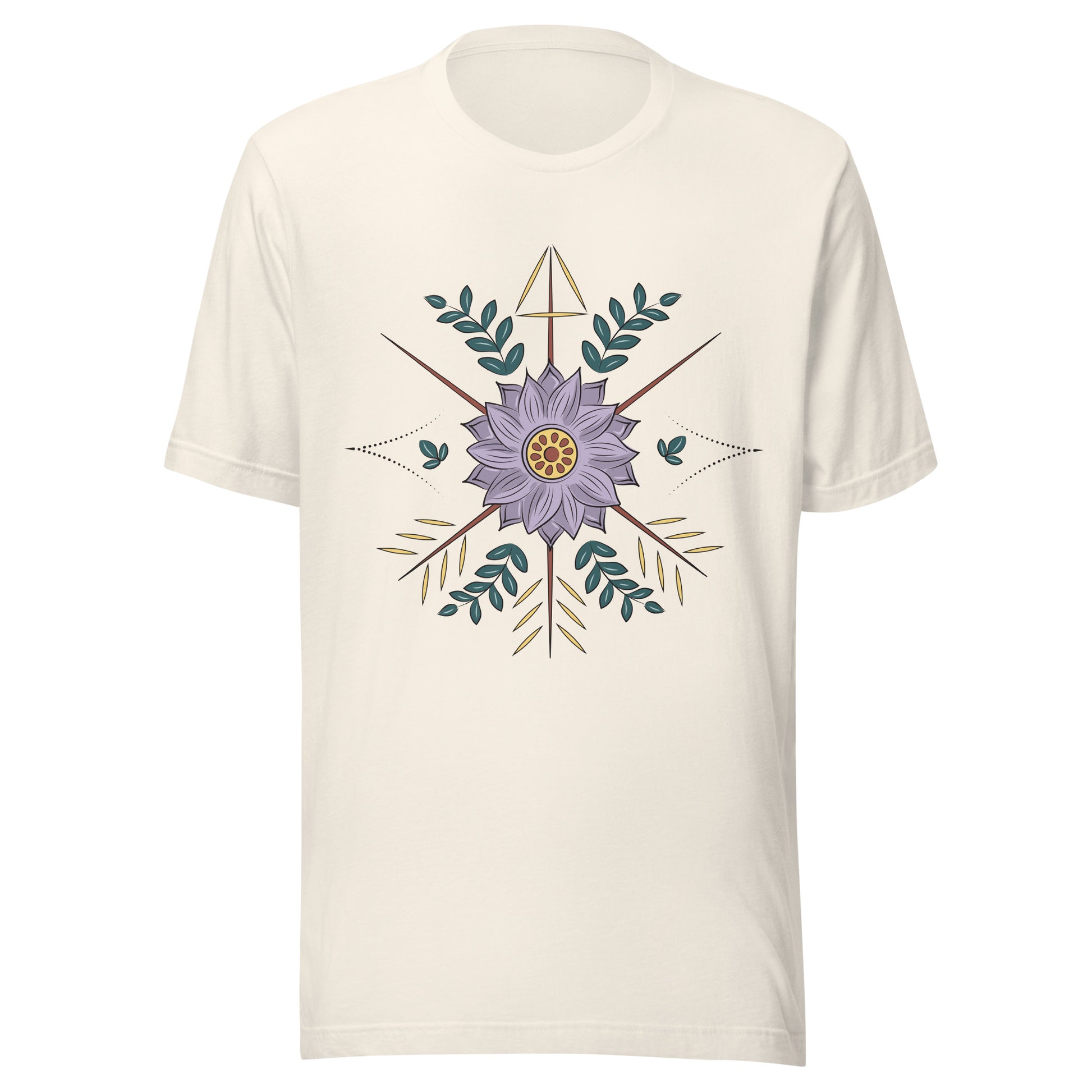 Vintag white unisex short sleeve t-shirt with a purple flower with arrow surrounding it.