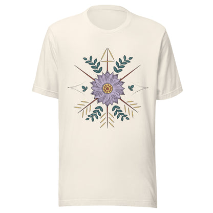 Vintag white unisex short sleeve t-shirt with a purple flower with arrow surrounding it.