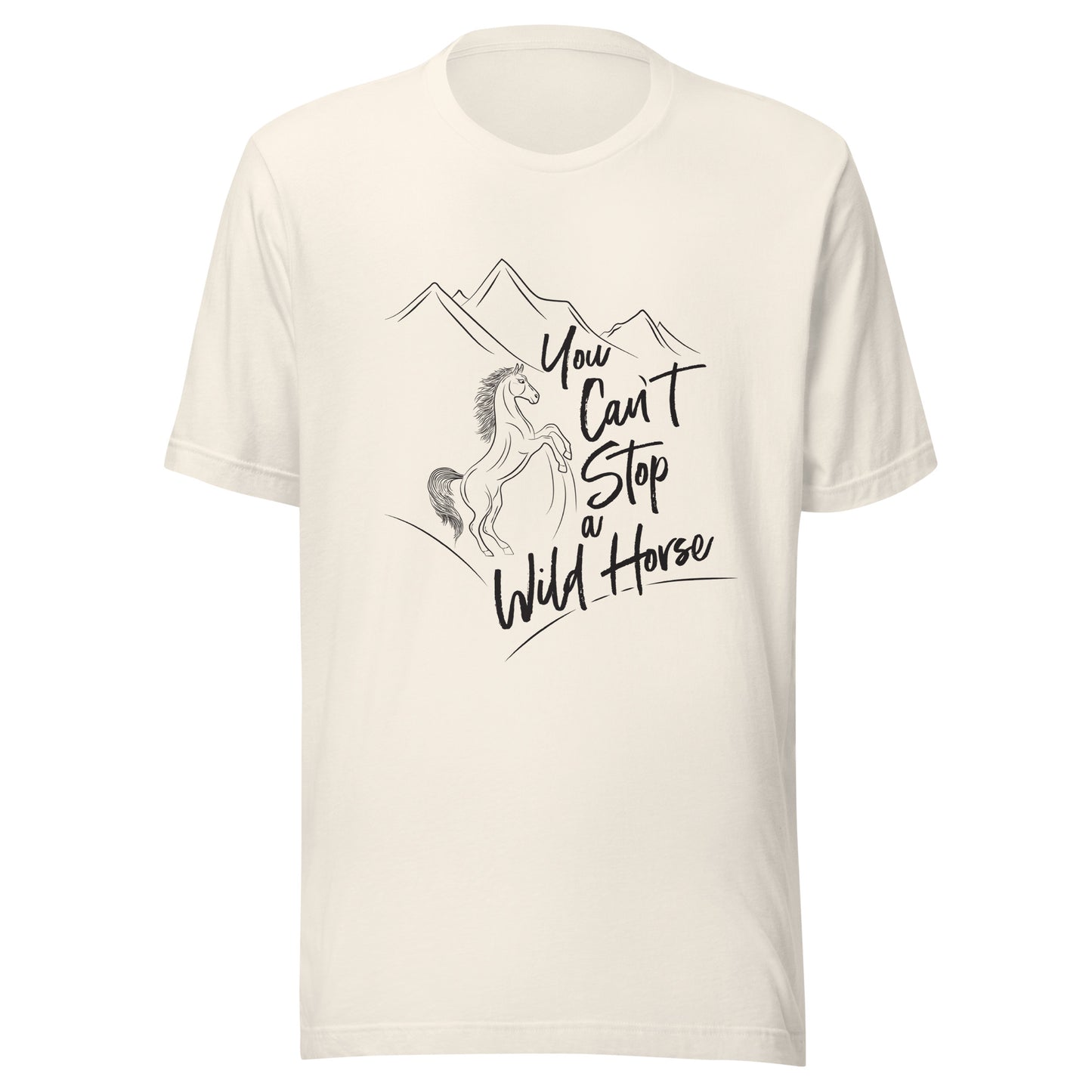 Vintage White unisex short sleeve t-shirt that states 'You can't stop a wild horse' with a horse rearing up and mountains in the background.