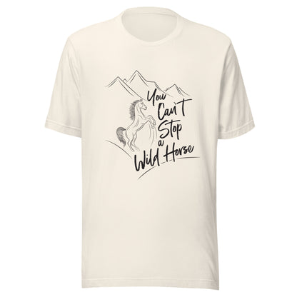 Vintage White unisex short sleeve t-shirt that states 'You can't stop a wild horse' with a horse rearing up and mountains in the background.