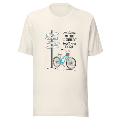 Vintage white unisex short sleeve t-shirt that says 'Just becaue my path is different doesn't mean I'm lost with a bicycle and street signs that say my way your way either way is ok.