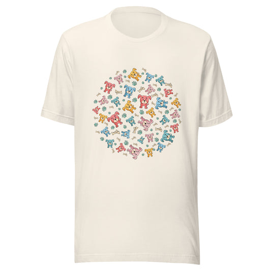 Vintage white unisex short sleeve t-shirt with multi-colored cartoon puppies in a circle with paws and bones.