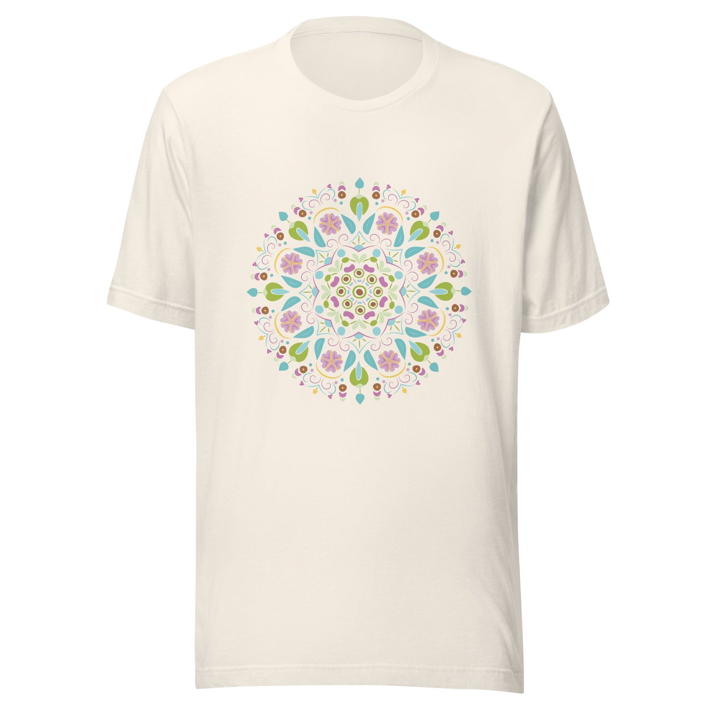 Vintage white unisex short sleeve  t-shirt with a Scandanavian style mandala multi-colored.