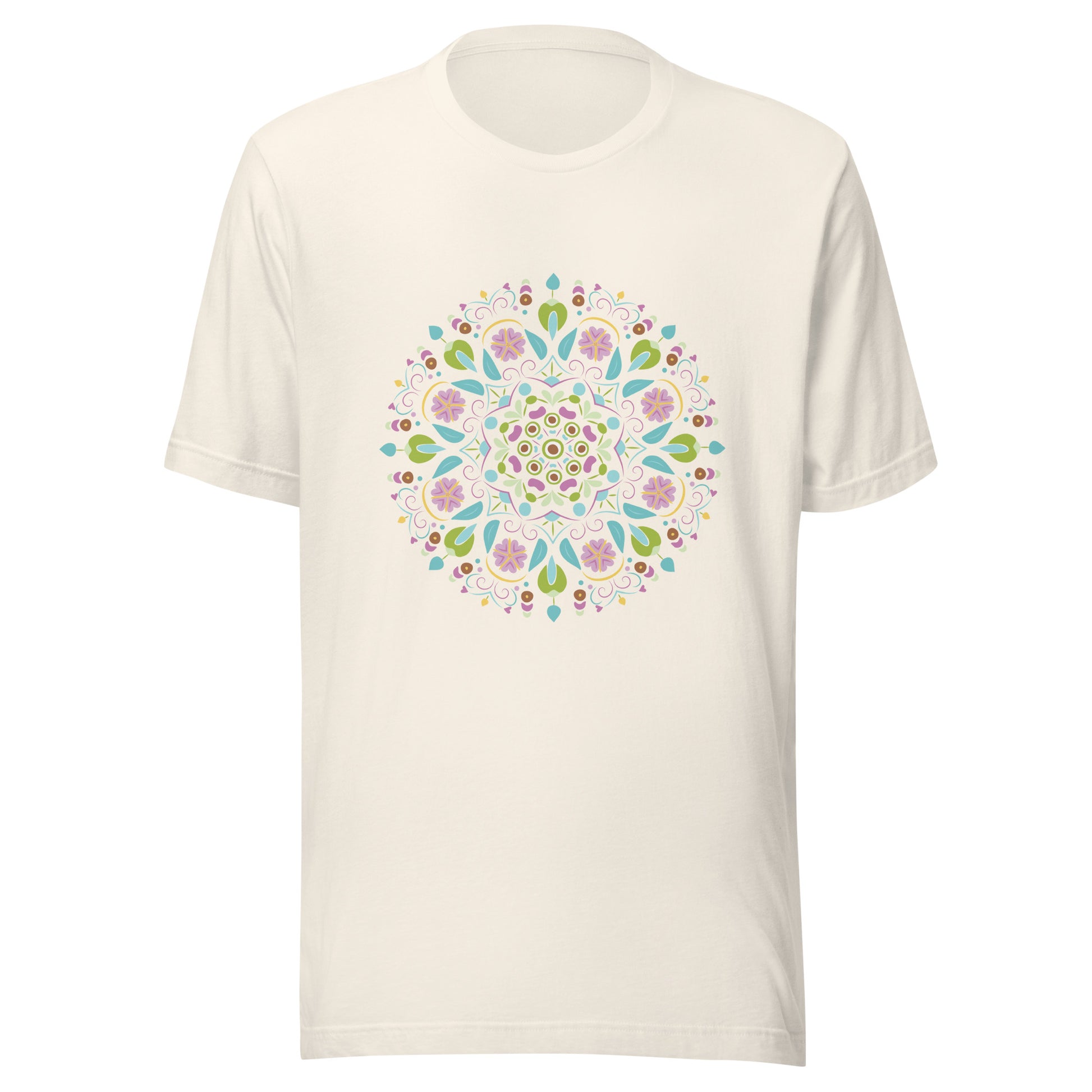 Vintage white unisex short sleeve  t-shirt with a Scandanavian style mandala multi-colored.