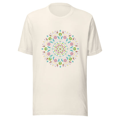 Vintage white unisex short sleeve  t-shirt with a Scandanavian style mandala multi-colored.