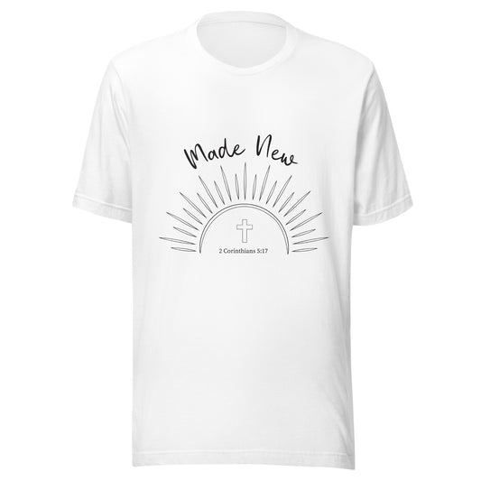 White short sleeve unisex t-shirt with a Sun and rays below the words 'Made New' and inside the sun is a cross and 2 Corinthians 5:17.