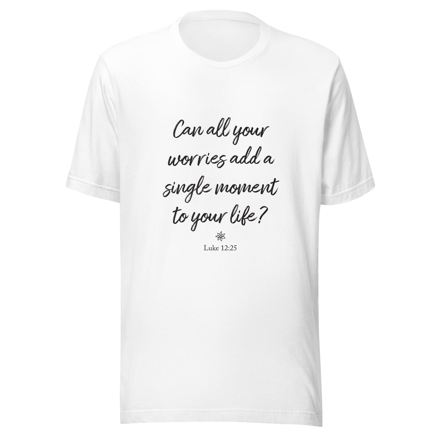 White short sleeve unisex t-shirt that asks  'Can all your worries add a single moment to your life?' Luke 12:25