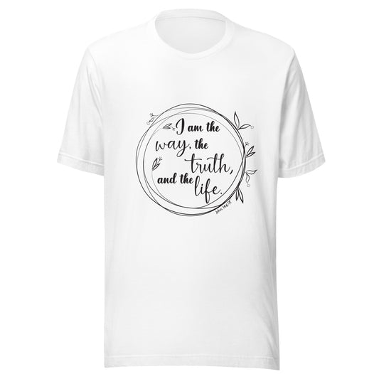 White unisex short sleeve t-shirt with John 14:6 scripture written in a viney circle.