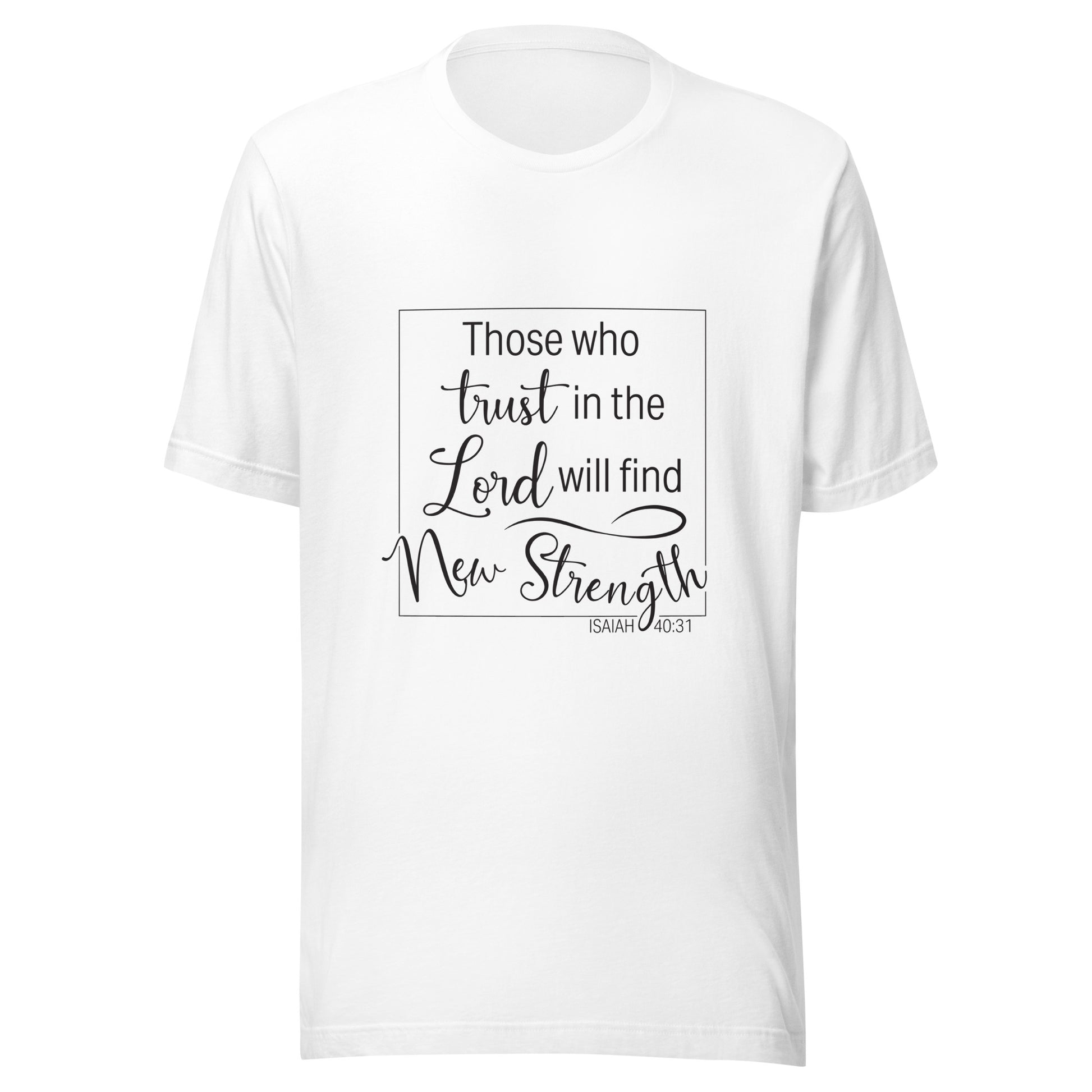 White unisex short sleeve t-shirt with Isaiah 40:31 scripture written in a square.
