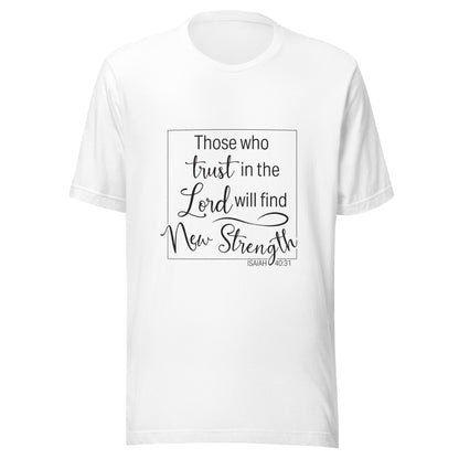 White unisex short sleeve t-shirt with Isaiah 40:31 scripture written in a square.