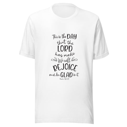 White unisex short sleeve t-shirt with Psalm 118:24 scripture with a vine up one side of the words.